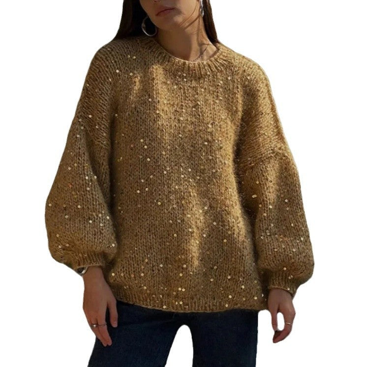 Loose Round Neck Fashion Sequined Mohair Sweater Lantern Sleeve