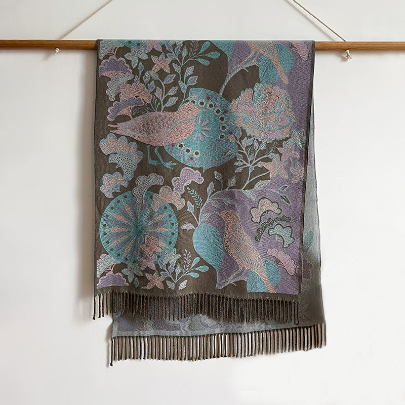 Birds And Plants Collision Combination Elegant Going Out Cashmere-like Warm Scarf Shawl