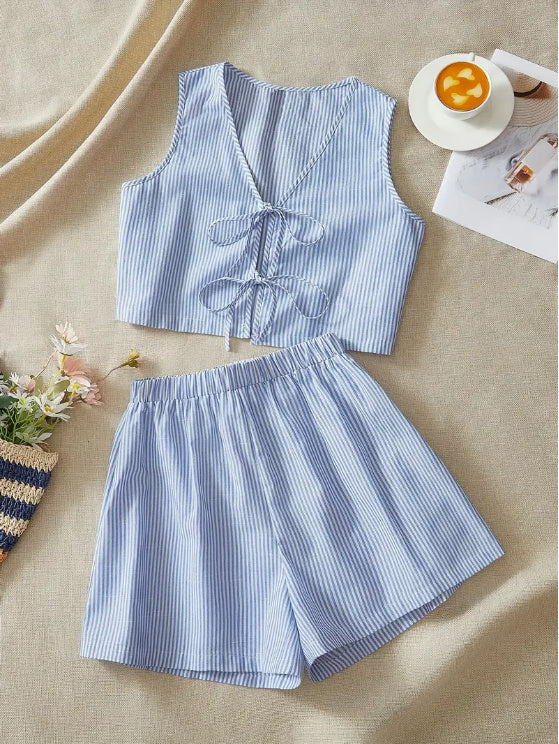 Elegant Striped Knit Tank Top And High-Waist Loose Shorts Set For Women