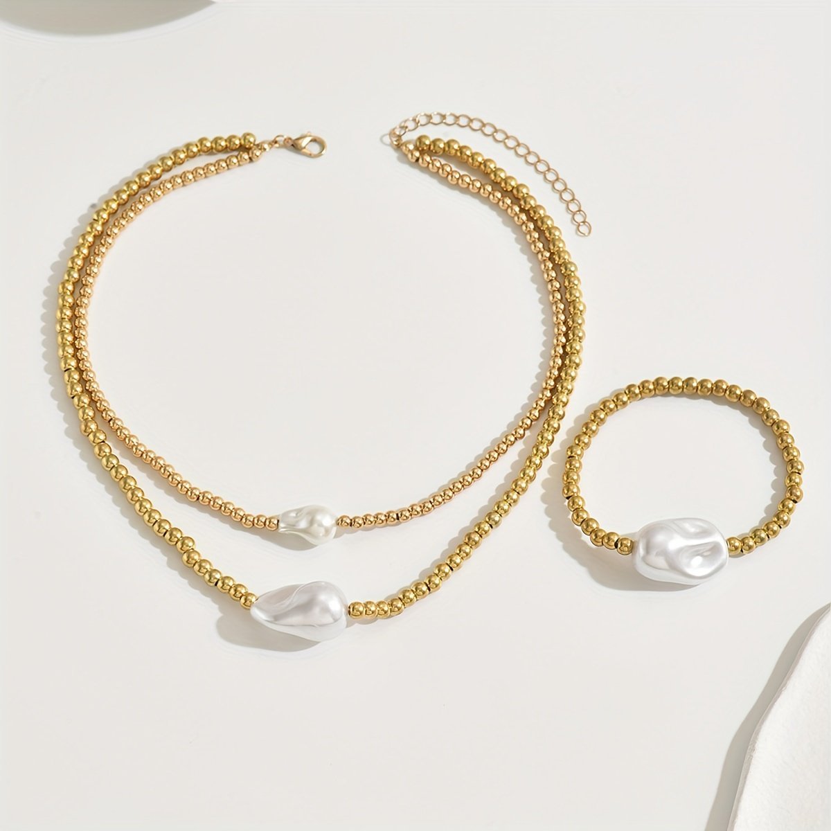 Precious 14K Golden Beaded Pearl  Necklace And Bracelet Set