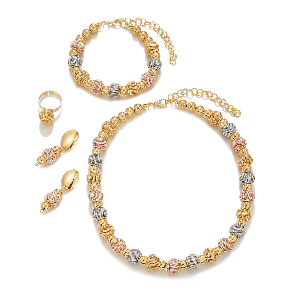 5Pcs Metallic Beaded Necklaces Two Color Gold Bead Earrings Bracelets Suitable For Daily Wear Holiday Jewelry Gifts