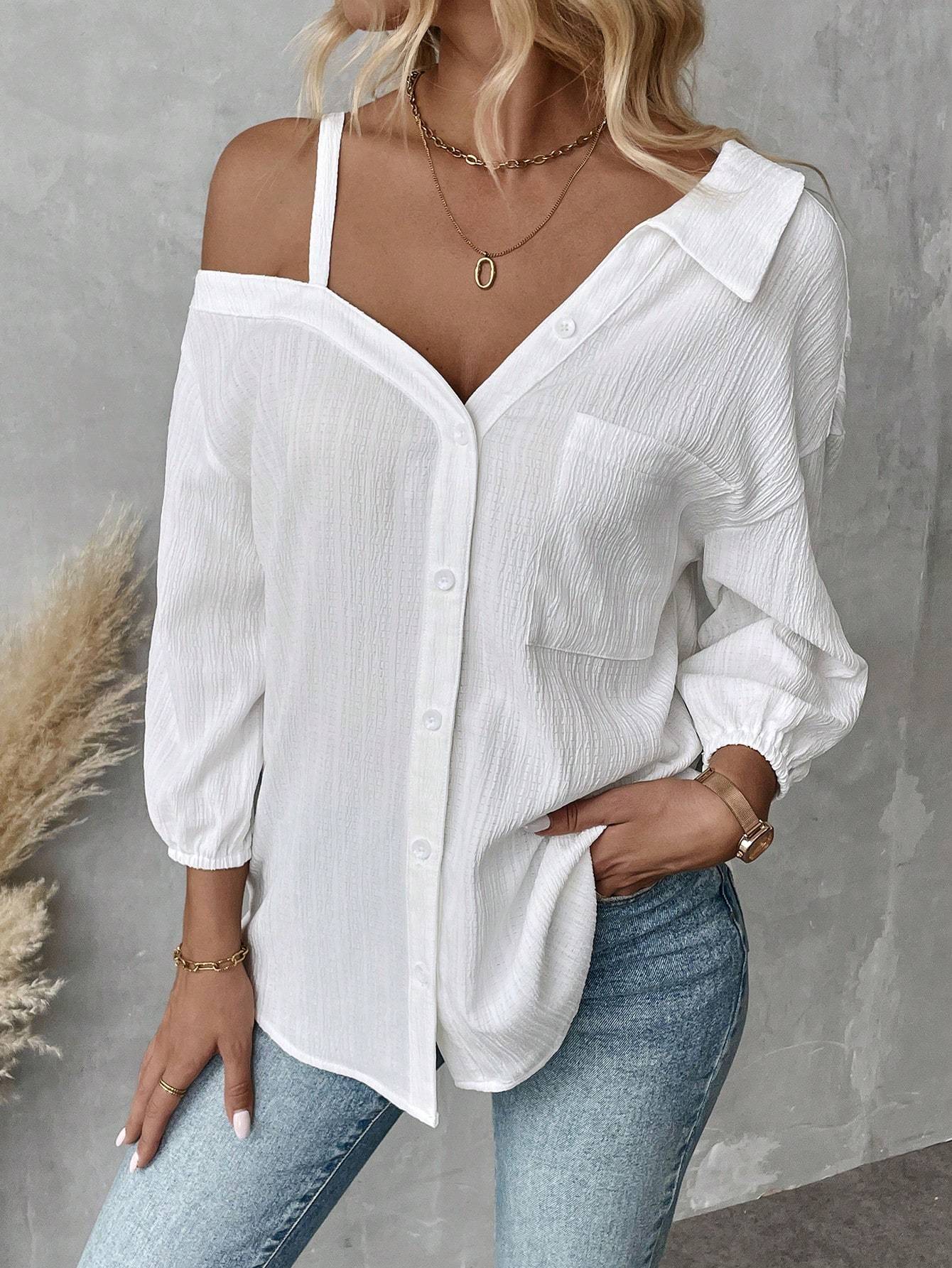 Solid Color White Asymmetric Collar Dropped Shoulder