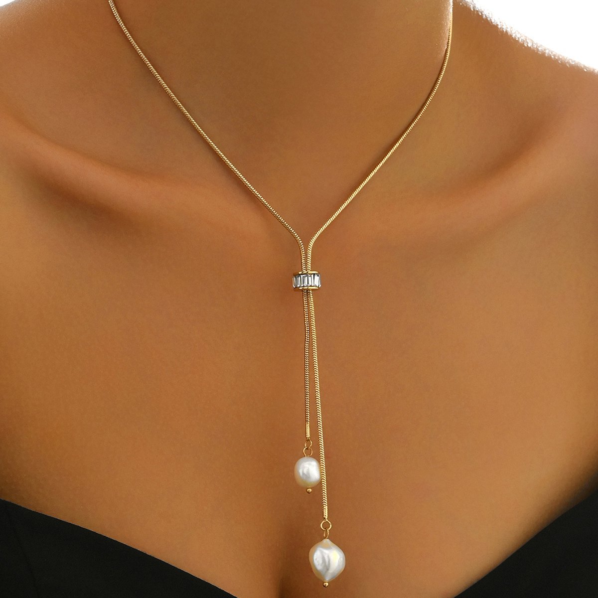 Elegant Gold Pearl Pendant Necklace With Adjustable Length,