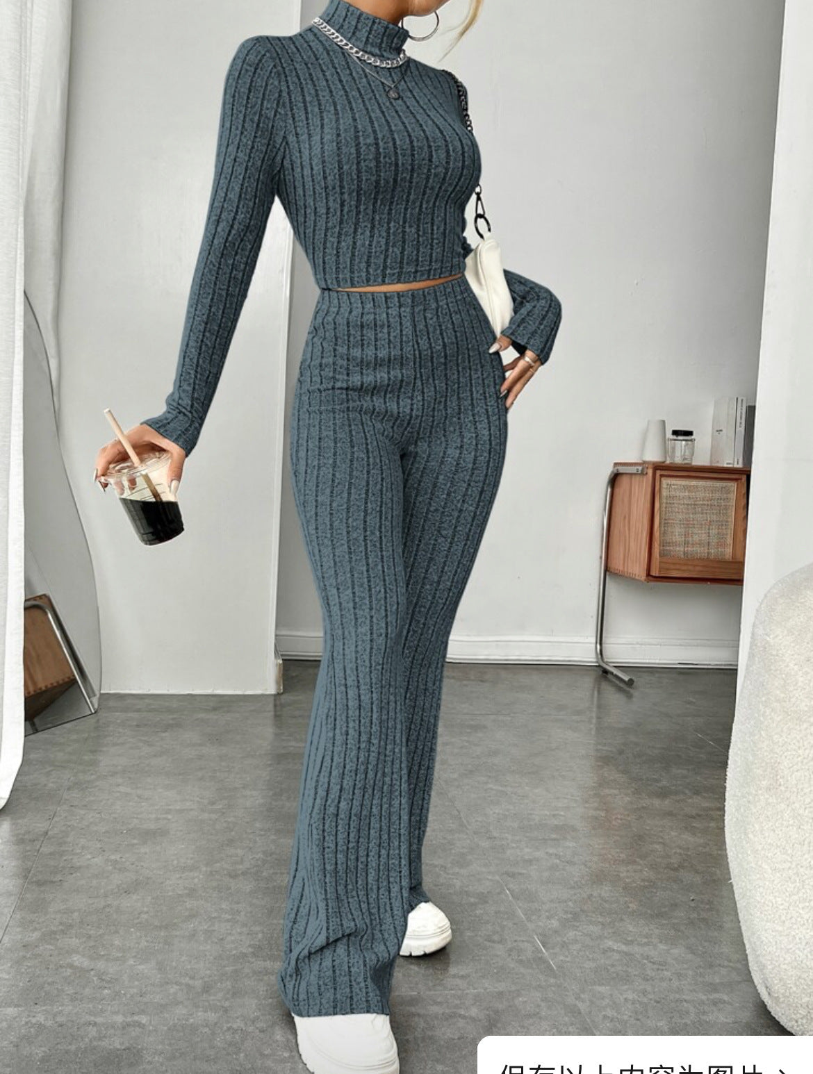 Turtlenecks Wide Leg High Waist Trousers Suit