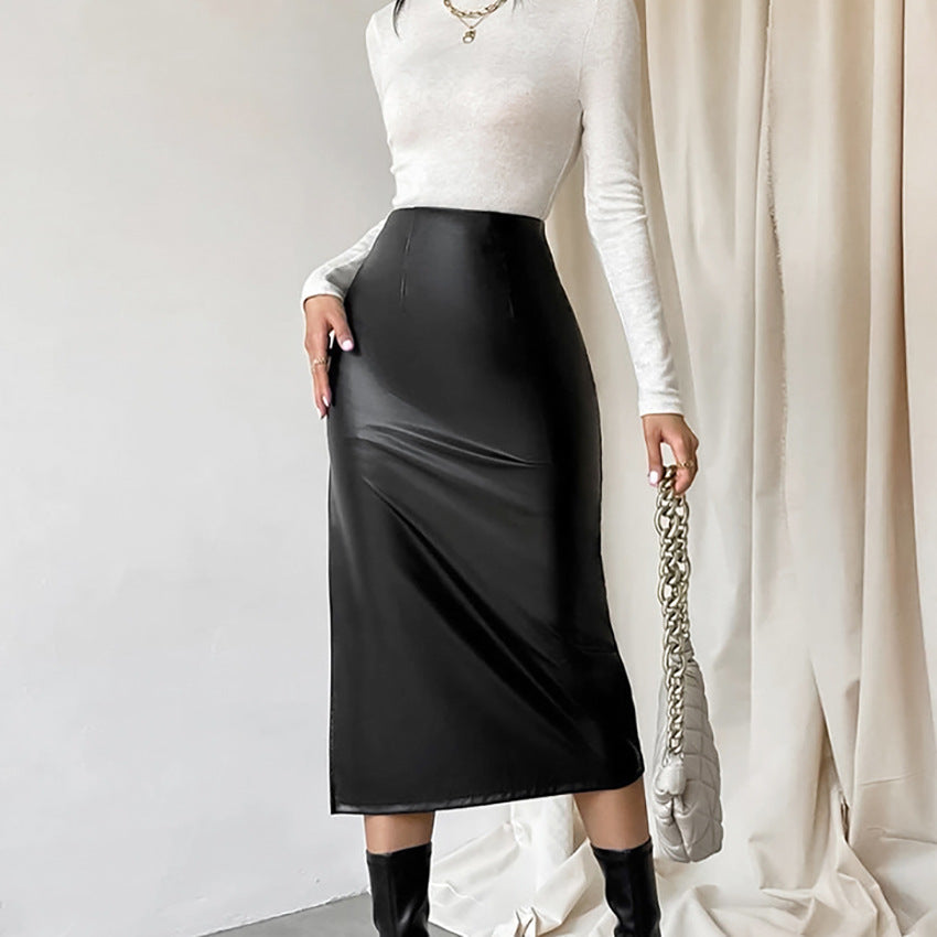 Commuter French Sheath PU Leather Skirt Autumn